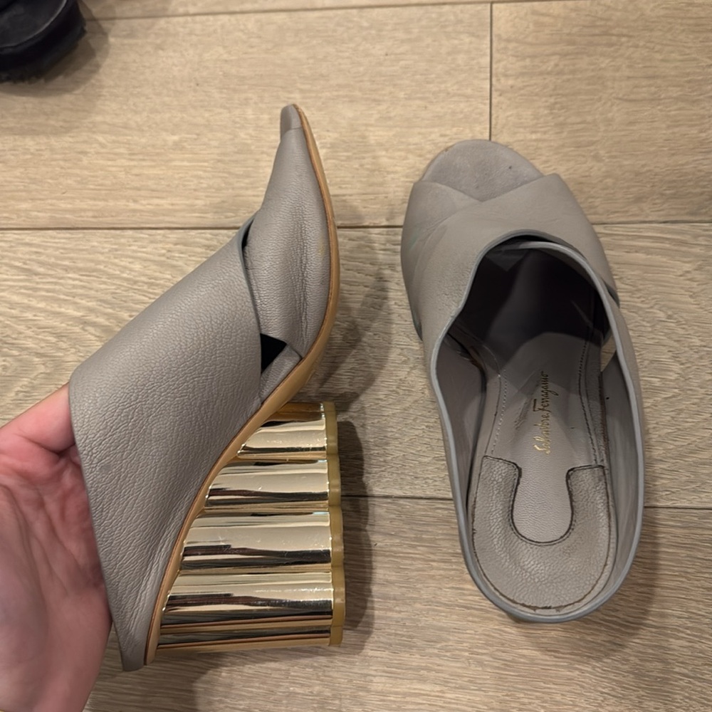 Salvatore Ferragamo Gray and Gold Mules with Sculptural Heel - Picture 6 of 9